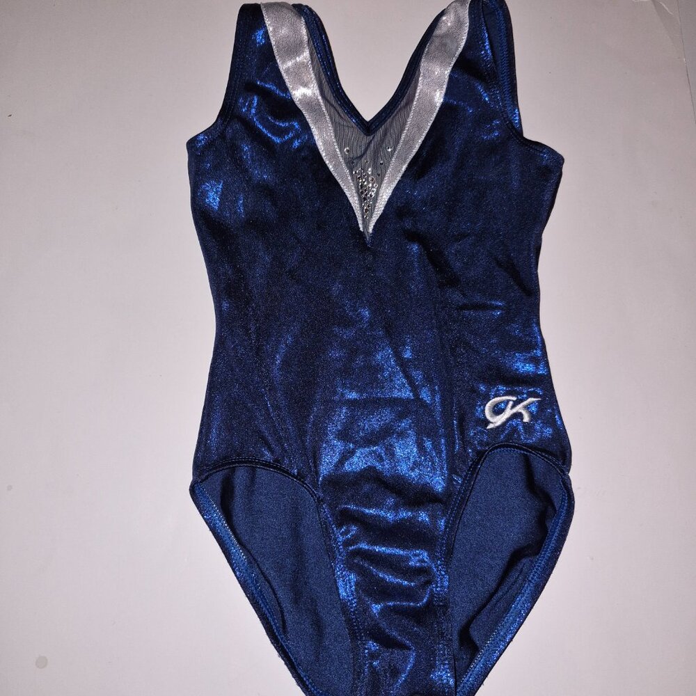 GK elite sparkly navy blue silver gymnastic leotard suit size approximate  8